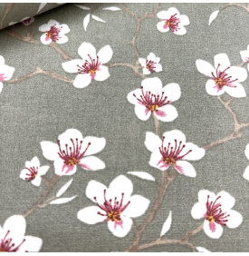 Tissu Coton Enduit / Fleurs Amandiers - Vert Sauge | Coupon
