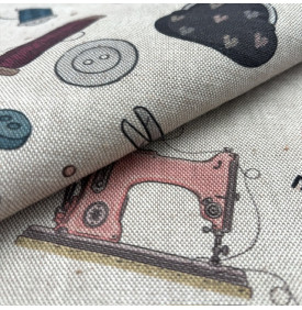 Tissu palace motif atelier couture sur fond naturel, imprimé multicolore