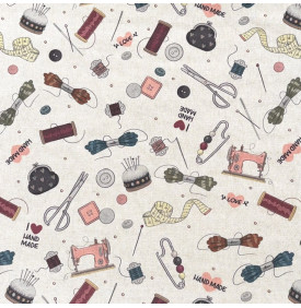 Tissu palace motif atelier couture sur fond naturel, imprimé multicolore