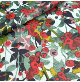 Coton enduit imprimé fleuri rouge et feuillage vert