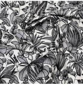 Tissu Coton Enduit / Fleurs Java - Blanc & Noir