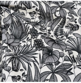 Coupon Tissu Coton Enduit / Feuille Tropical - Java Blanc & Noir