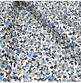 Tissu Coton Enduit / Fleurs Léonie - Ivoire & Bleu | Coupon