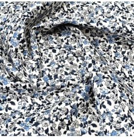 Tissu Coton Enduit / Fleurs Léonie - Ivoire & Bleu