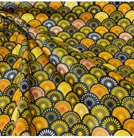 Tissu Coton Enduit / Motif Éventails – Suri Noir & Jaune | 14.90 €/M