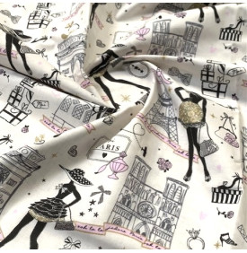 Tissu Coton Imprimé / Motif Paris - Moi Paris Ivoire & Doré | 10.90€/M