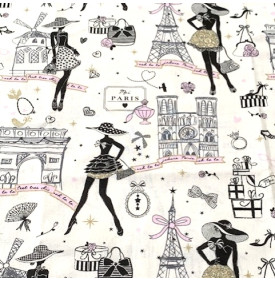 Tissu Coton Imprimé / Motif Paris - Moi Paris Ivoire & Doré | 10.90€/M
