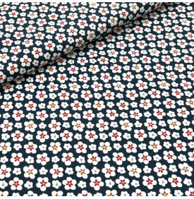 Tissu Coton Imprimé / Fleurs Mao - Marine & Blanc | Coupon