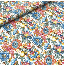 Tissu Coton Imprimé / Fleurs Esméralda - Blanc & Bleu | Coupon