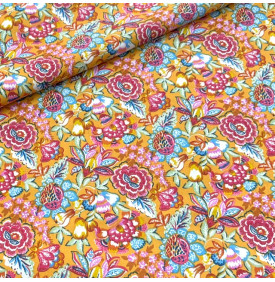 Tissu Coton Imprimé / Fleurs Esméralda - Jaune & Rose | Coupon