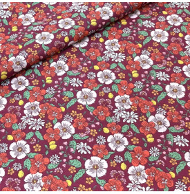 Tissu Coton Imprimé / Fleurs Suzie - Bordeaux | Coupon