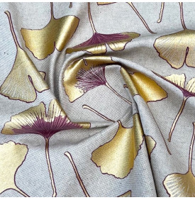 Tissu Aspect Lin Enduit Métallisé / Motif Ginkgo Biloba Foil - Rose | Coupon