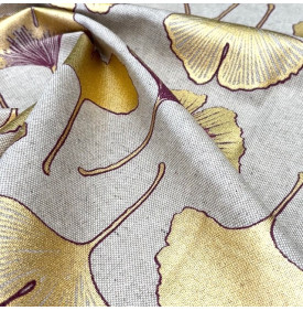 Tissu Aspect Lin Enduit Métallisé / Motif Ginkgo Biloba Foil - Rose | Coupon