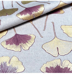 Tissu Aspect Lin Enduit Métallisé / Motif Ginkgo Biloba Foil - Rose | Coupon