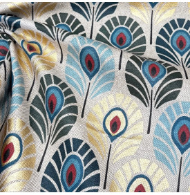 Tissu Aspect Lin Enduit Métallisé / Motif Plume de Paon Foil - Bleu |Coupon