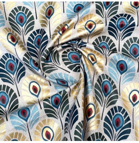 Tissu Aspect Lin Enduit Métallisé / Motif Plume de Paon Foil - Bleu |Coupon