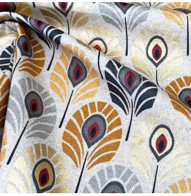 Tissu Aspect Lin Enduit Métallisé / Motif Plume de Paon Foil - Jaune | Coupon