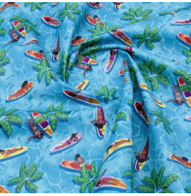 Tissu Coton Enduit / Surf & Esprit Tropical - Paddle Turquoise