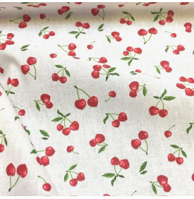 Tissu Coton Enduit / Motif Fruit - Cerise Rouge & Blanc