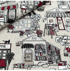 Tissu Aspect Lin / Motif Métiers - Artisans Noir & Rouge