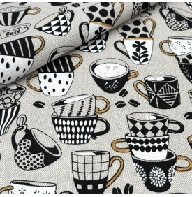 Tissu Aspect Lin / Motif Tasses à Café - Noir & Blanc