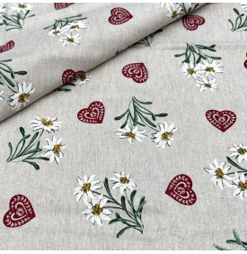 Tissu Aspect Lin / Motif Fleurs - Edelweiss Vert & Cœur Rouge