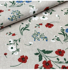 Tissu Aspect Lin Coquelicots Champêtres – Rouge & Bleu