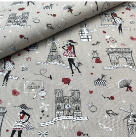 Tissu Aspect Lin / Esprit Parisien Chic - Cute Paris Rouge & Noir | 11.90€/M