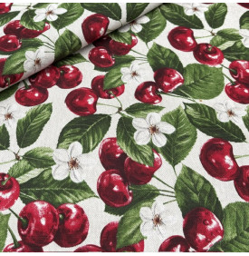 Tissu Aspect Lin / Motif Cerises – Rouge & Vert | Coupon