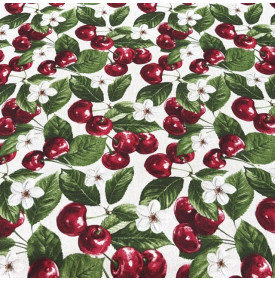 Tissu Aspect Lin / Motif Cerises – Rouge & Vert | Coupon