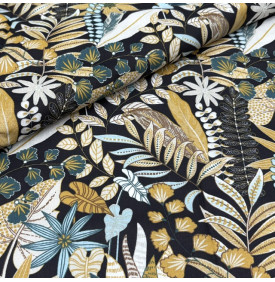 Tissu Coton Imprimé / Lilas Noir – Feuillage tropical multicolore