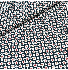 Tissu Coton Imprimé / Fleurs Mao - Marine & Blanc