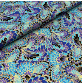 Tissu Coton Imprimé Foil / Plumes de Paon - Bleu & Or