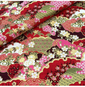 Tissu Coton Imprimé Foil / Fleurs Sakura Impérial - Rouge & Or