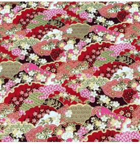 Tissu Coton Imprimé Foil / Fleurs Sakura Impérial - Rouge & Or