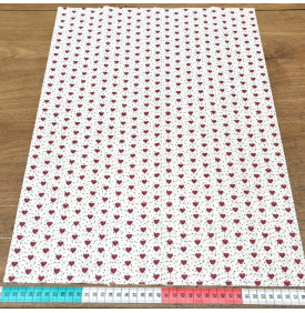 Coupon Coton Enduit / Motif Romantique Mini Cœurs Ivoire & Rouge