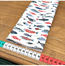 Tissu Coton Enduit / Esprit Bord de Mer - Poissons Blanc & Lin