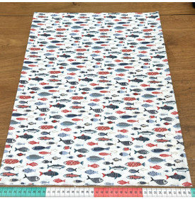 Tissu Coton Enduit / Esprit Bord de Mer - Poissons Blanc & Lin
