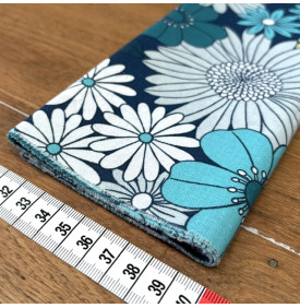 Coupon Tissu Coton Enduit Ibiza Bleu Pétrole – Fleurs Vintage