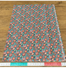 Tissu Coton Enduit Imprimé / Fleurs Indiennes - Gange Turquoise & Orange | 14.90 €/M