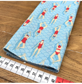 Tissu Coton Enduit / Baigneuses Vintage - Swimming Pool Rouge & Bleu