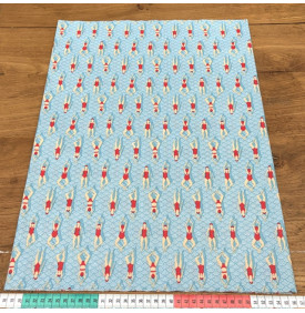 Tissu Coton Enduit / Baigneuses Vintage - Swimming Pool Rouge & Bleu | 14.90 €/M