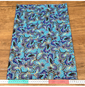 Tissu Coton Imprimé Foil / Plumes de Paon - Bleu & Or