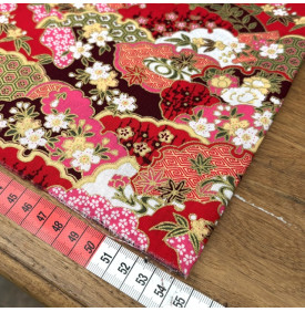 Tissu Coton Imprimé Foil / Fleurs Sakura Impérial - Rouge & Or