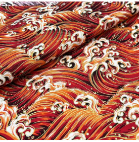 Tissu Coton Imprimé Foil / Vagues Impériales - Rouge & Or