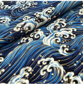 Tissu Coton Imprimé Foil / Vagues Impériales - Bleu & Or
