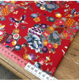 Tissu Coton Imprimé Foil / Fleurs Japonaise Wasabi - Rouge & Or