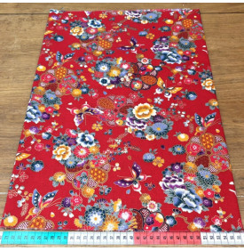 Tissu Coton Imprimé Foil / Fleurs Japonaise Wasabi - Rouge & Or