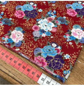 Tissu Coton Imprimé Foil / Fleurs Japonaises Bouquets - Rouge & Or