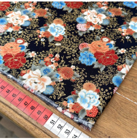Tissu Coton Imprimé Foil / Fleurs Japonaises Bouquets - Noir & Or